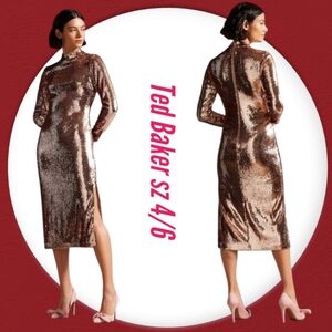 Ted Baker Gold Dress Mettalic Sequin Fitted Midi Dress NWT sz 6